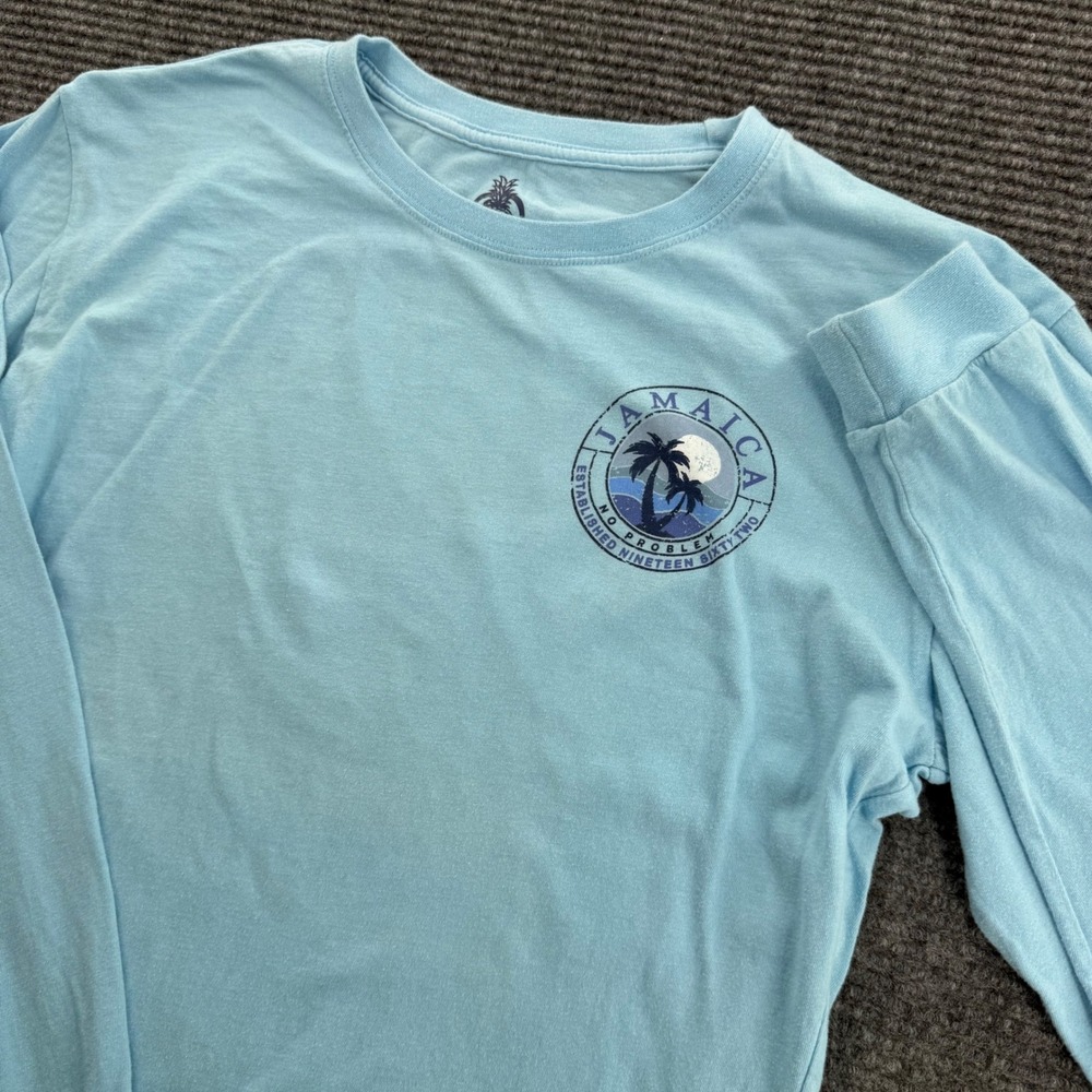 Pink Pineapple Jamaica Mens Medium Light Blue Graphic Long Sleeve T Shirt